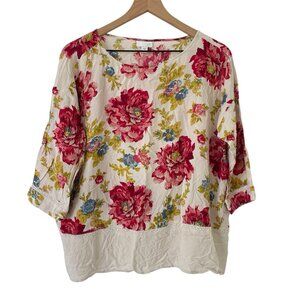 J Jill Petite L Cottage Floral Tunic Boho Boxy Blouse 3/4 Sleeve Lace Trim Rayon